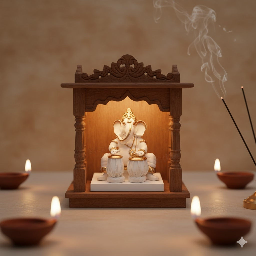 Elegant White & Gold Ganesha Playing Tabla Idol