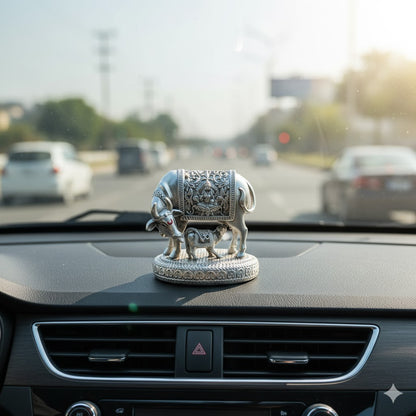 Silver plated Kamdhenu Cow with Calf Idol