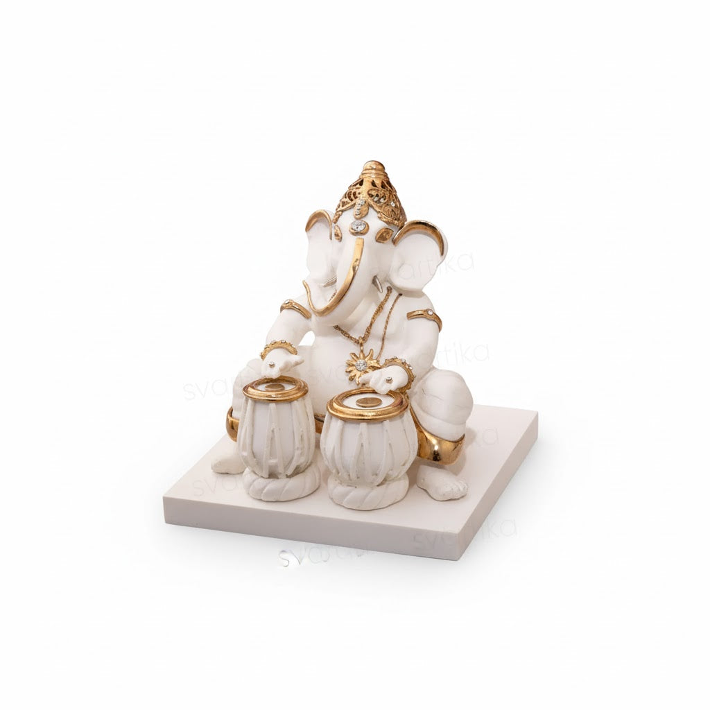 Elegant White & Gold Ganesha Playing Tabla Idol