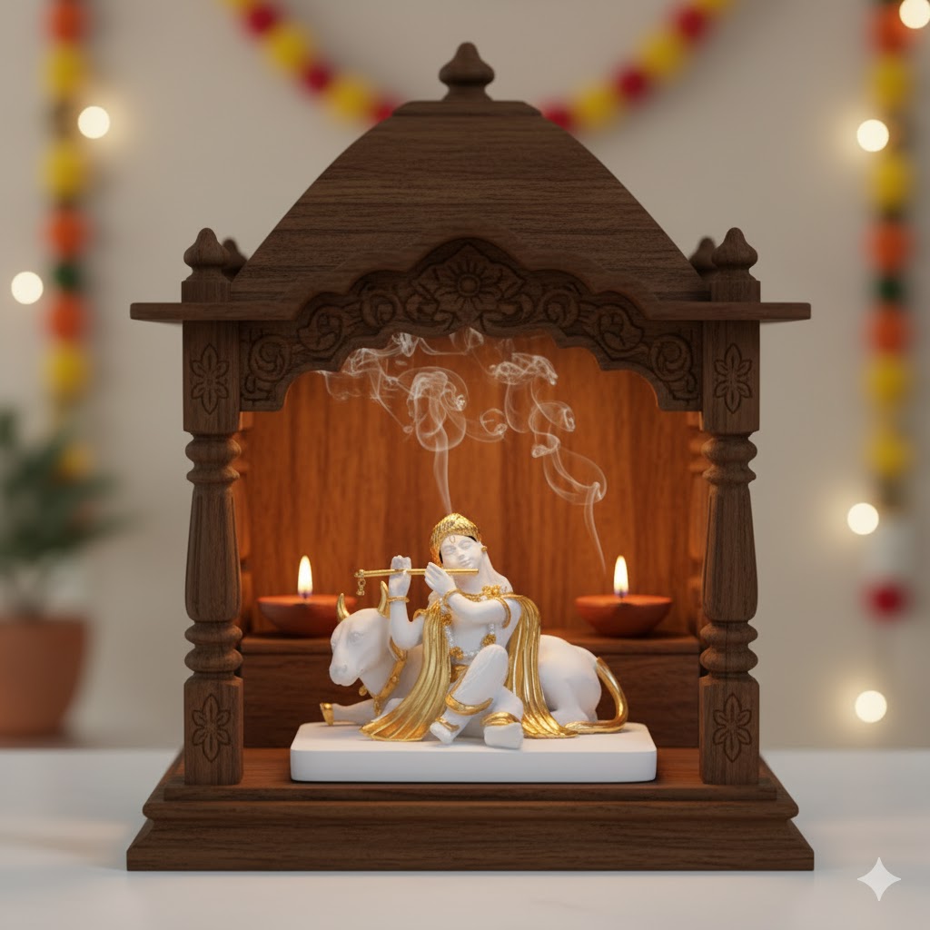 Luxurious White & Gold Lord Krishna With Cow Idol (5.5 Inch)