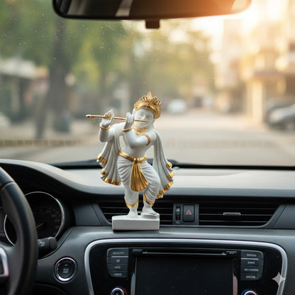 Elegant White & Gold Lord Krishna Idol Playing Flute