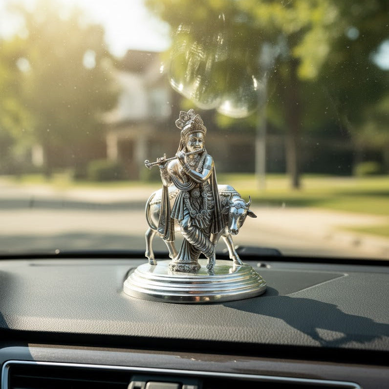 Silver Plated Lord Krishna With Cow Idol
