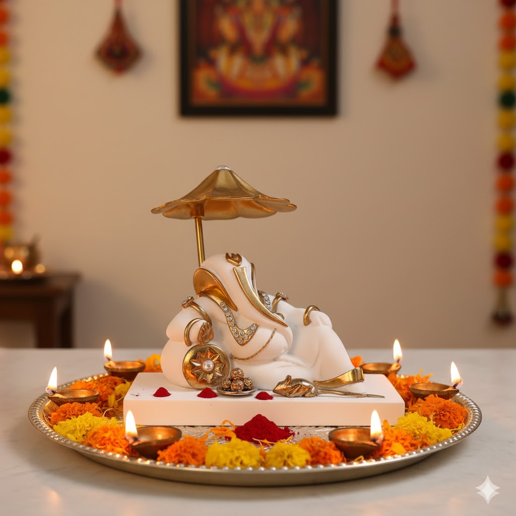 Resting Ganesh Idol With Umbrella For Car Dashboard -Gold Plated