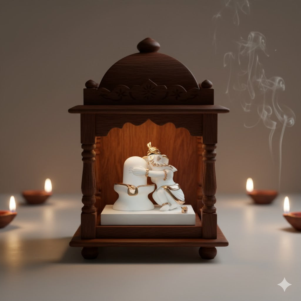 Luxurious White & Gold Ganesh With Shivling Gajanana Idol (4 Inch)