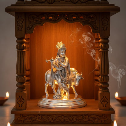 Silver Plated Lord Krishna With Cow Idol