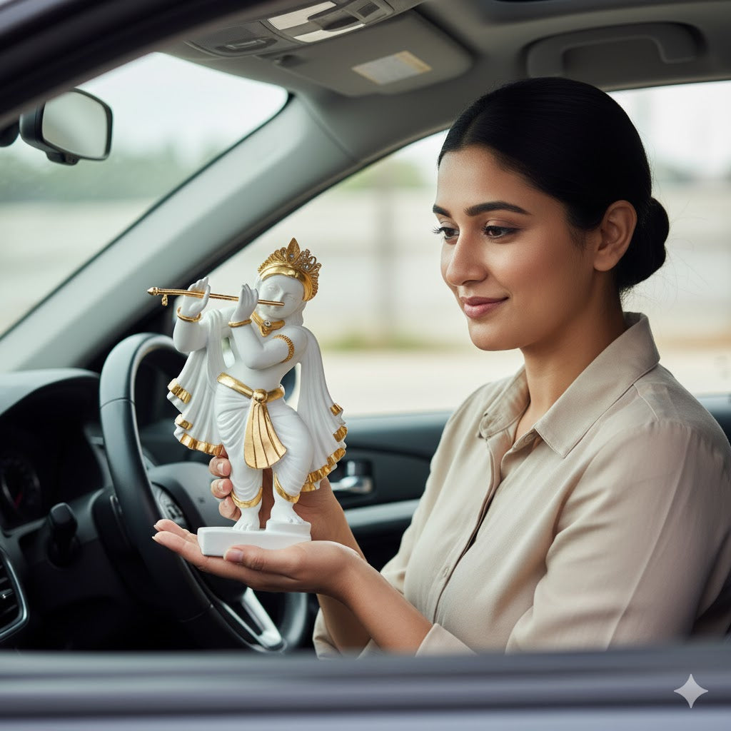 Elegant White & Gold Lord Krishna Idol Playing Flute