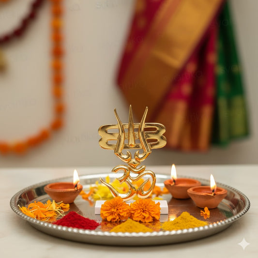 Trishul & OM for Car Dashboard - Gold Plated (4 Inch)