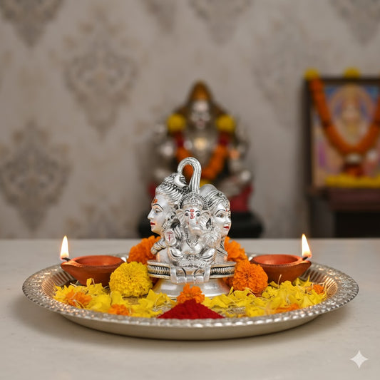 Shiv Parvati Ganesh Murti - Silver Plated