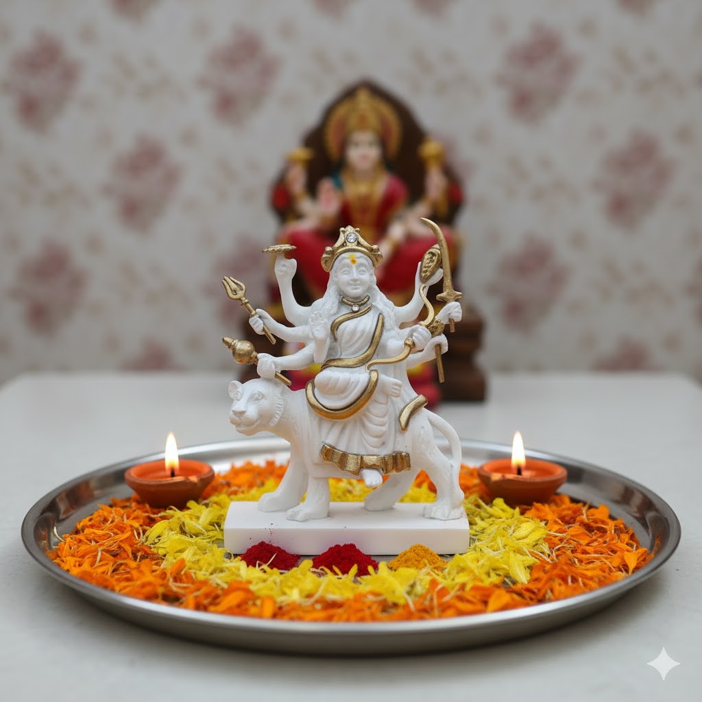 Exquisite White & Gold Sherawali Mata Murti