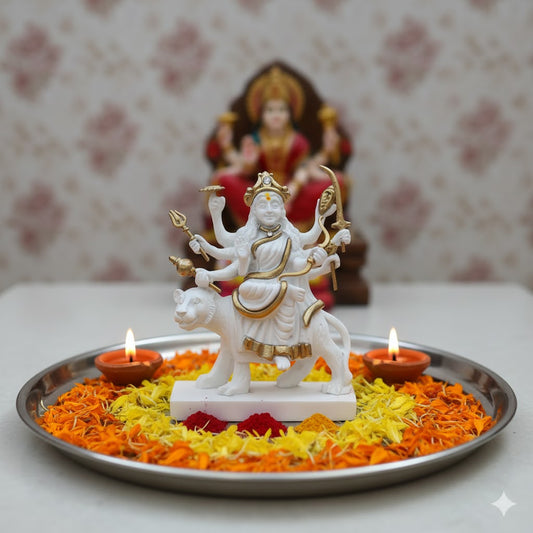 Exquisite White & Gold Sherawali Mata Murti