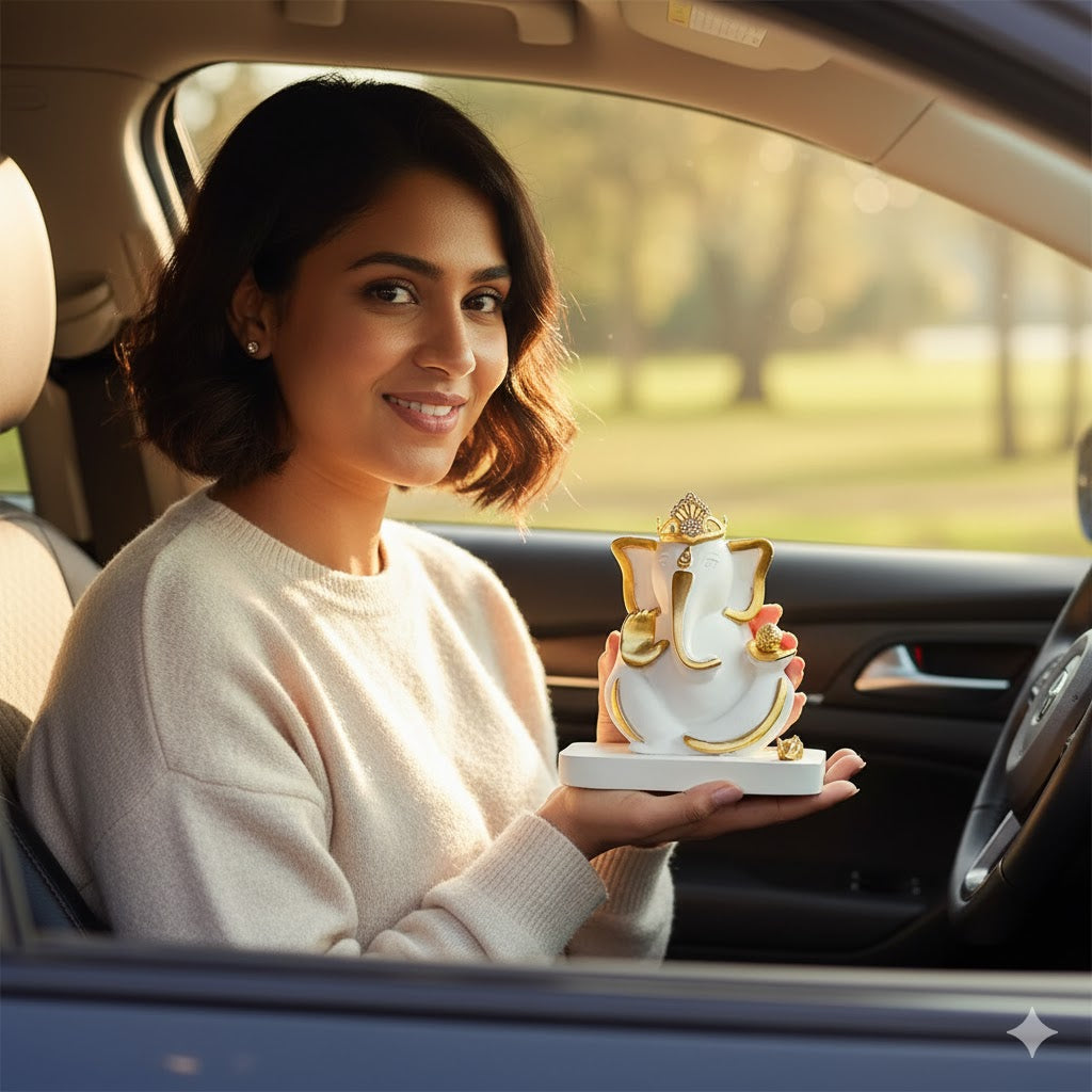 Elegant White & Gold Mukut Ganesh Idol For Car Dashboard