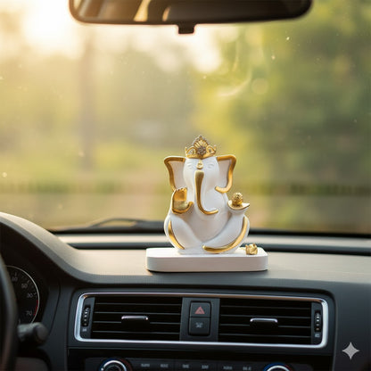Elegant White & Gold Mukut Ganesh Idol For Car Dashboard
