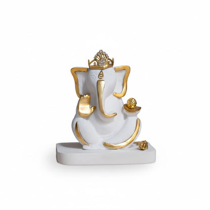 Elegant White & Gold Mukut Ganesh Idol For Car Dashboard