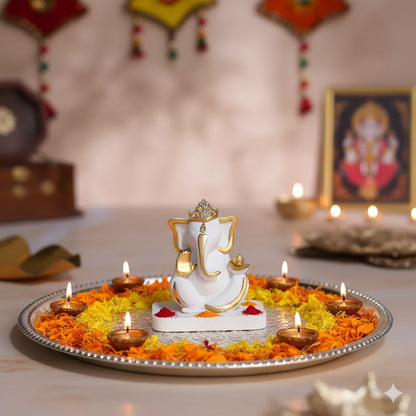 Elegant White & Gold Mukut Ganesh Idol For Car Dashboard