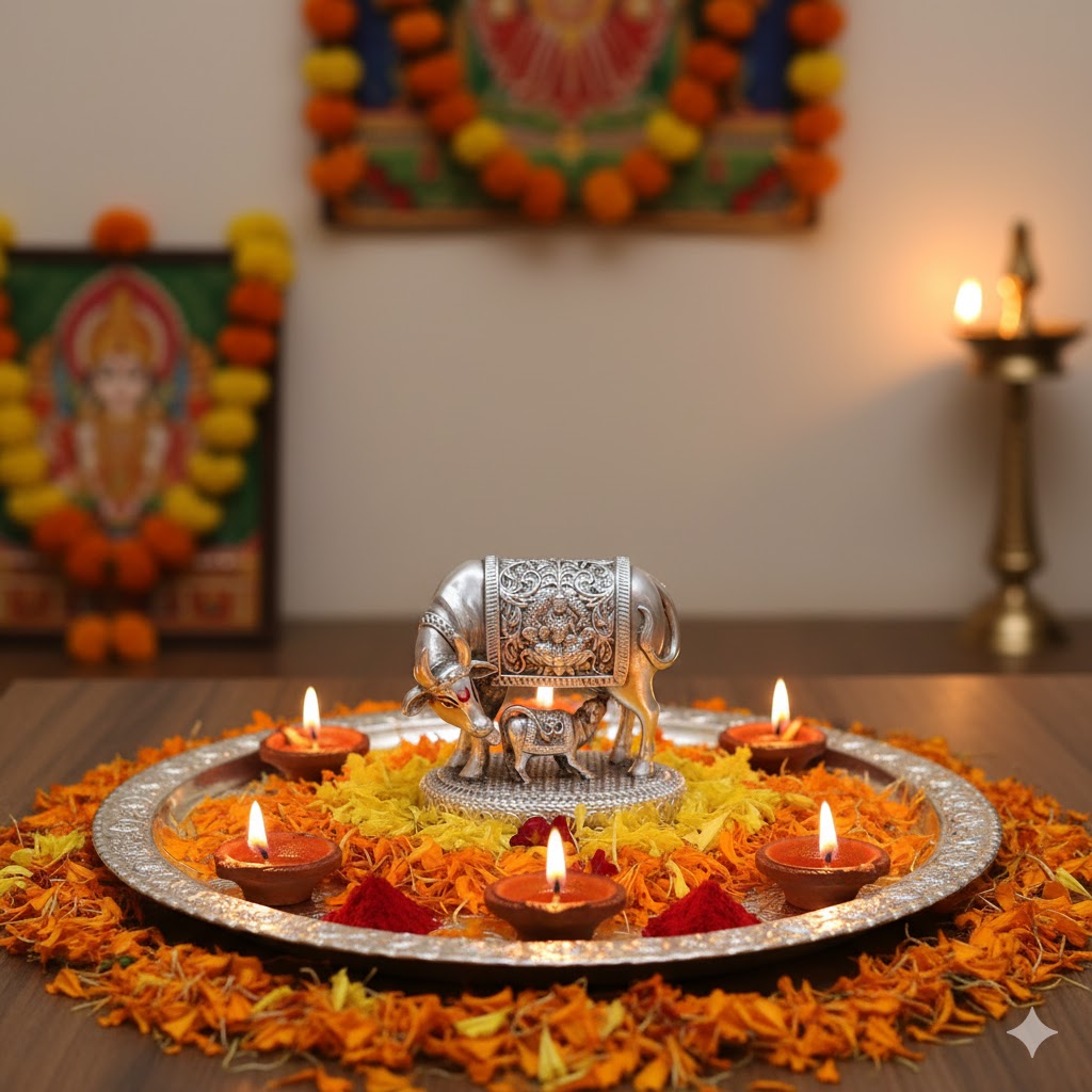 Silver plated Kamdhenu Cow with Calf Idol