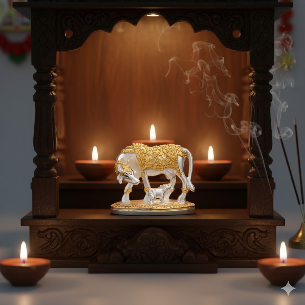 Kamdhenu Cow with Calf Idol - Gold & Silver Plated 5 Inch