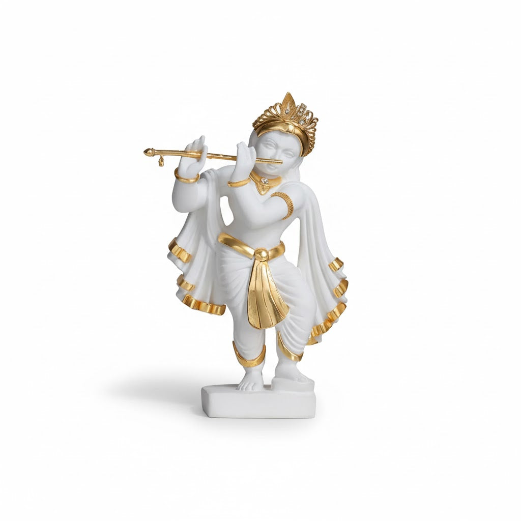 Elegant White & Gold Lord Krishna Idol Playing Flute