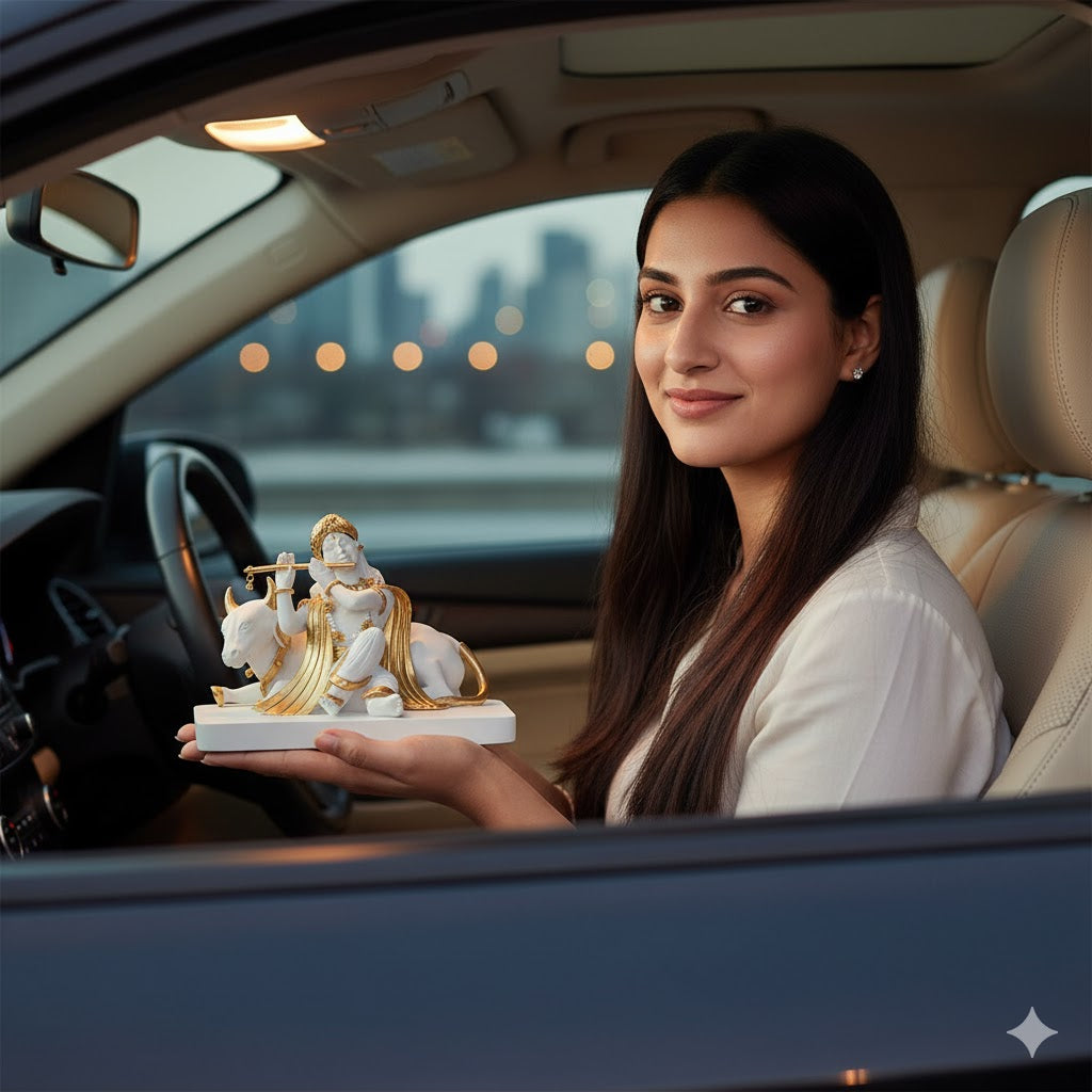 Luxurious White & Gold Lord Krishna With Cow Idol (5.5 Inch)