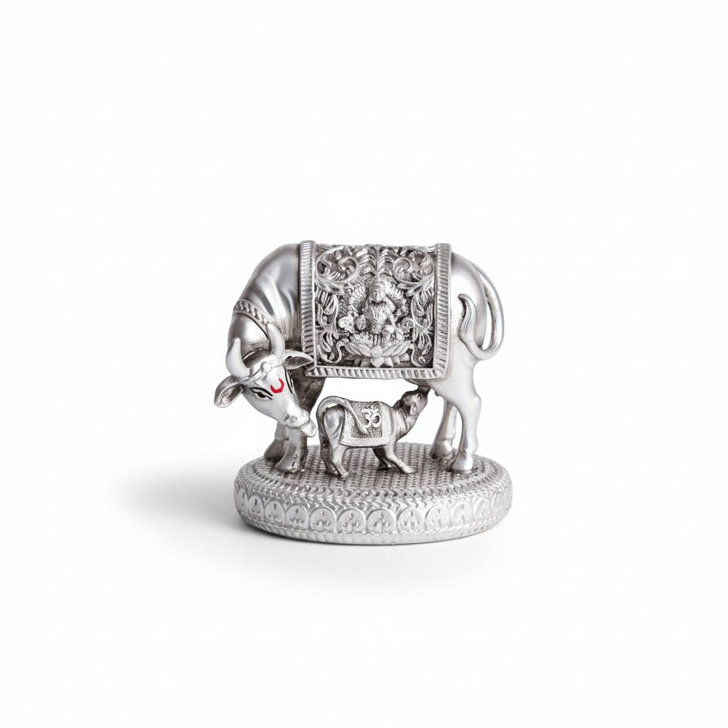 Silver plated Kamdhenu Cow with Calf Idol