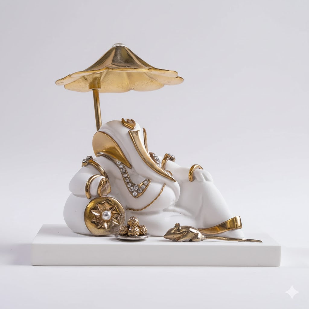 Resting Ganesh Idol With Umbrella For Car Dashboard -Gold Plated