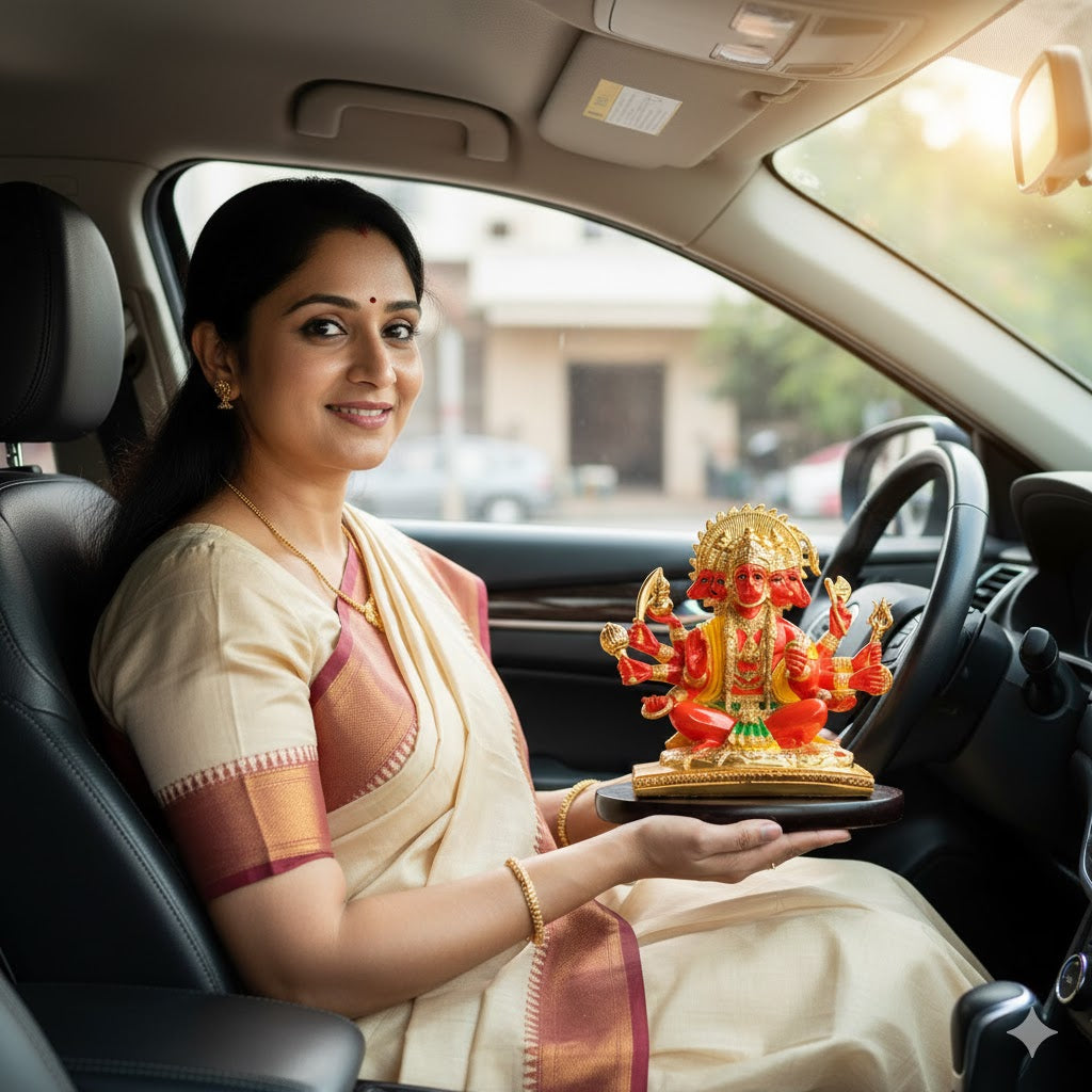 Panchmukhi Hanuman Statue With Orange Enamel - Gold Plated