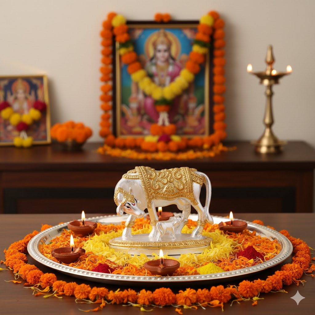 Kamdhenu Cow with Calf Idol - Gold & Silver Plated 5 Inch