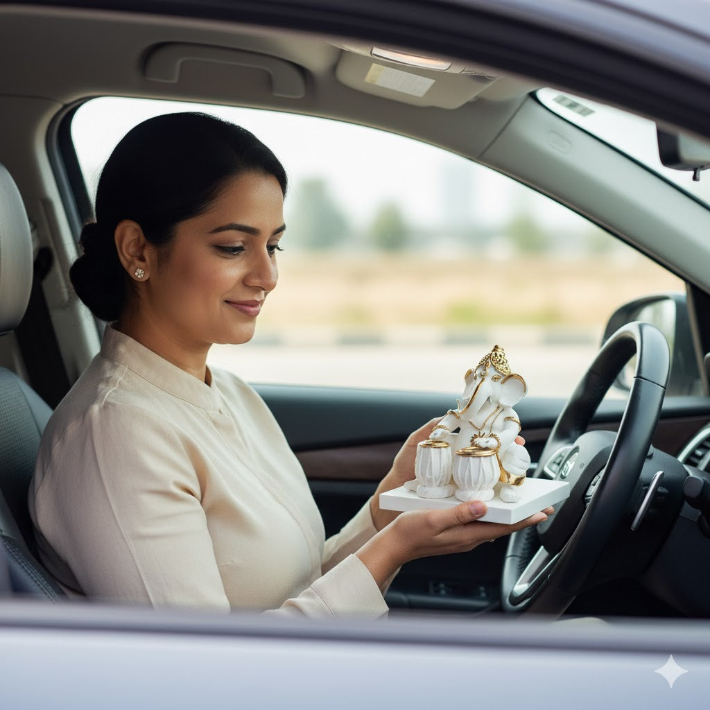 Elegant White & Gold Ganesha Playing Tabla Idol