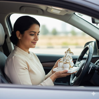 Elegant White & Gold Ganesha Playing Tabla Idol