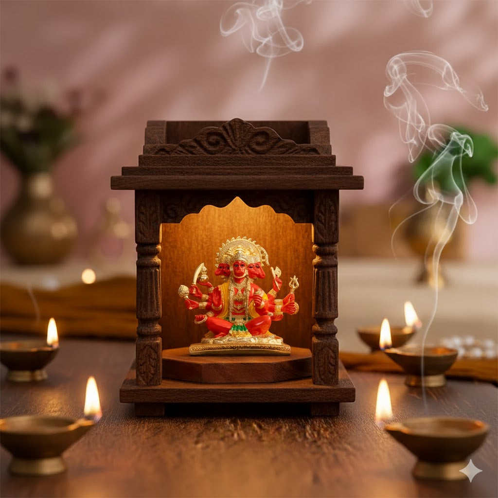 Panchmukhi Hanuman Statue With Orange Enamel - Gold Plated