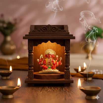 Panchmukhi Hanuman Statue With Orange Enamel - Gold Plated