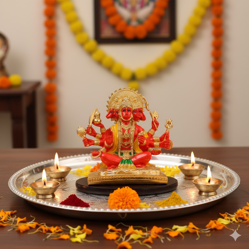 Panchmukhi Hanuman Statue With Orange Enamel - Gold Plated