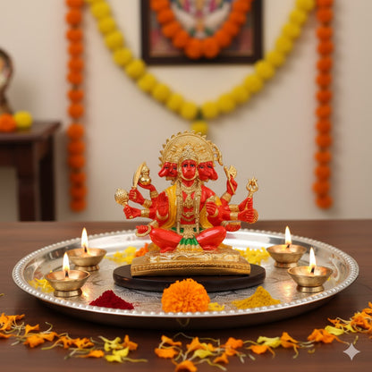 Panchmukhi Hanuman Statue With Orange Enamel - Gold Plated