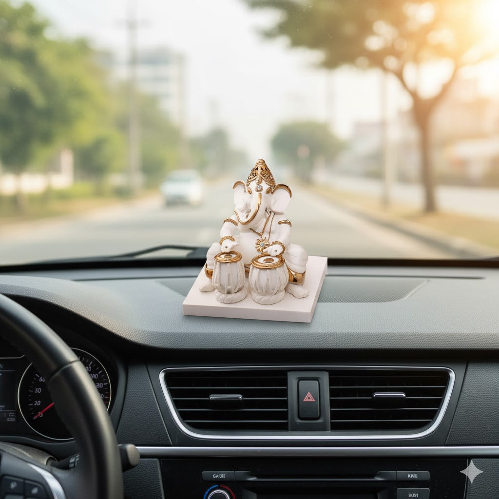 Elegant White & Gold Ganesha Playing Tabla Idol