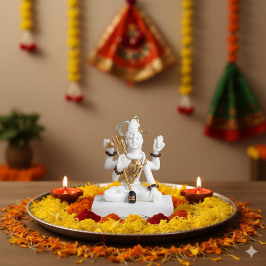 Premium White & Gold Plated Shiva Statue With Trishul
