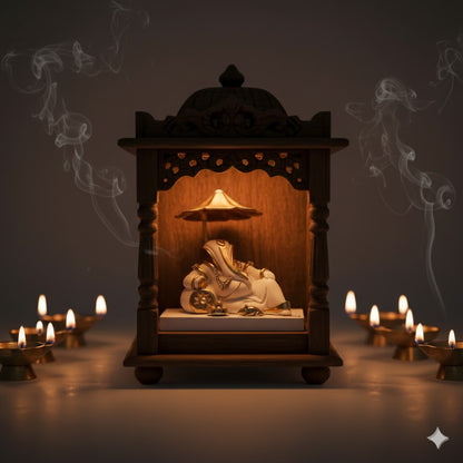 Resting Ganesh Idol With Umbrella For Car Dashboard -Gold Plated