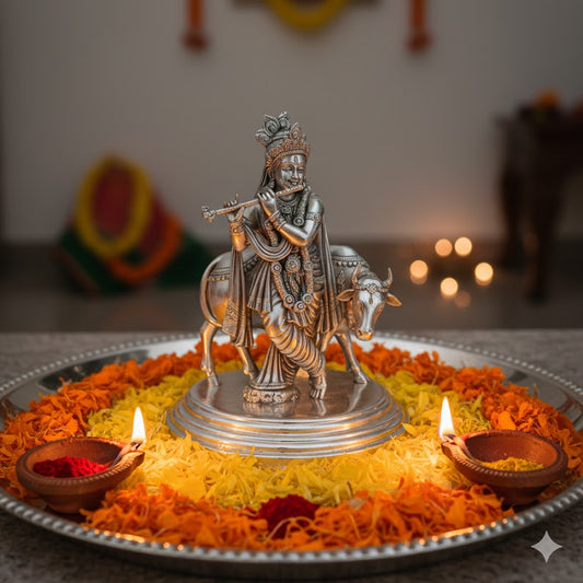 Silver Plated Lord Krishna With Cow Idol